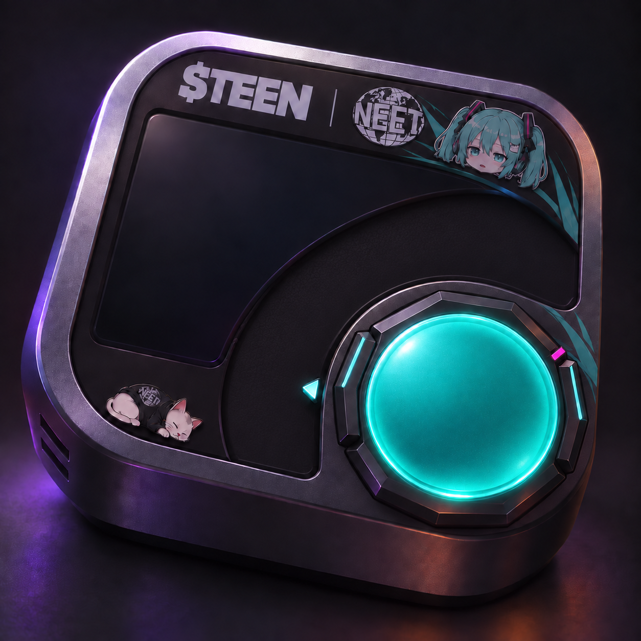 Floating metal arcade machine with a digital display and a glowing orange button.